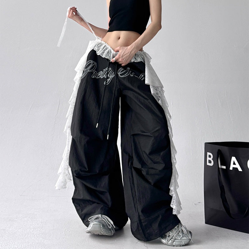 Harajuku Style Printed Pleated Paratrooper Wide Leg Pants