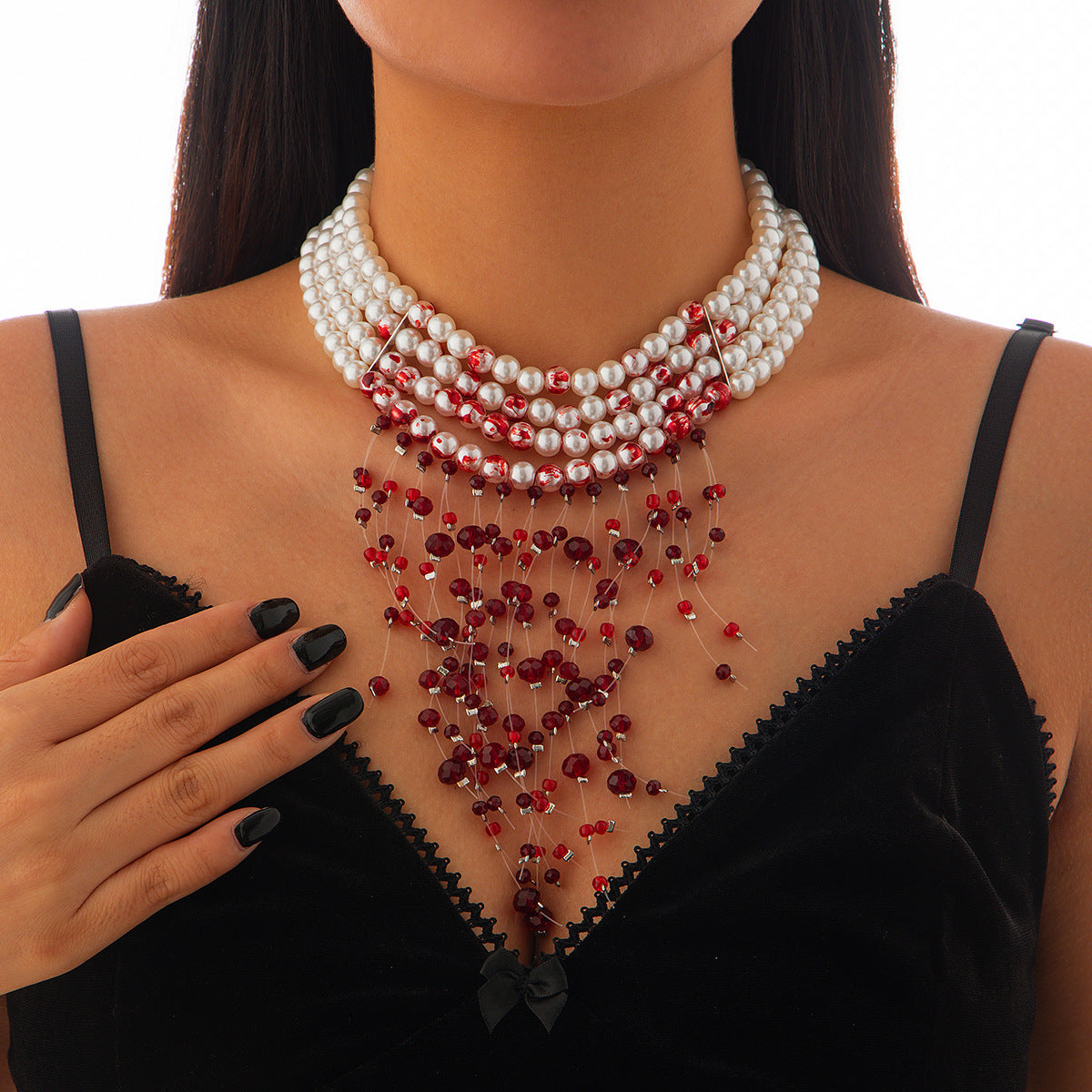 Gothic Pearl Choker Necklace with Blood Drop Tassel