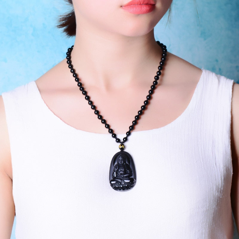 Black Obsidian Six Stars Lucky Amulet Pendant Necklace