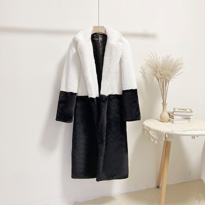 Mid-Length Mink Velvet Faux Fur Coat with Furry Collar