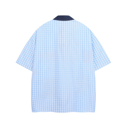 Playful Cartoon Embroidery Plaid Short Sleeve Shirt