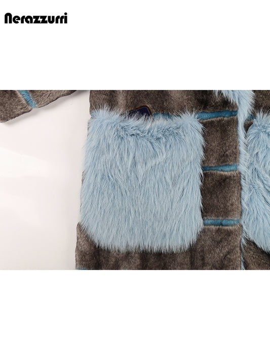 Nerazzurri Oversized Faux Fur Coat with Big Collar & Pockets