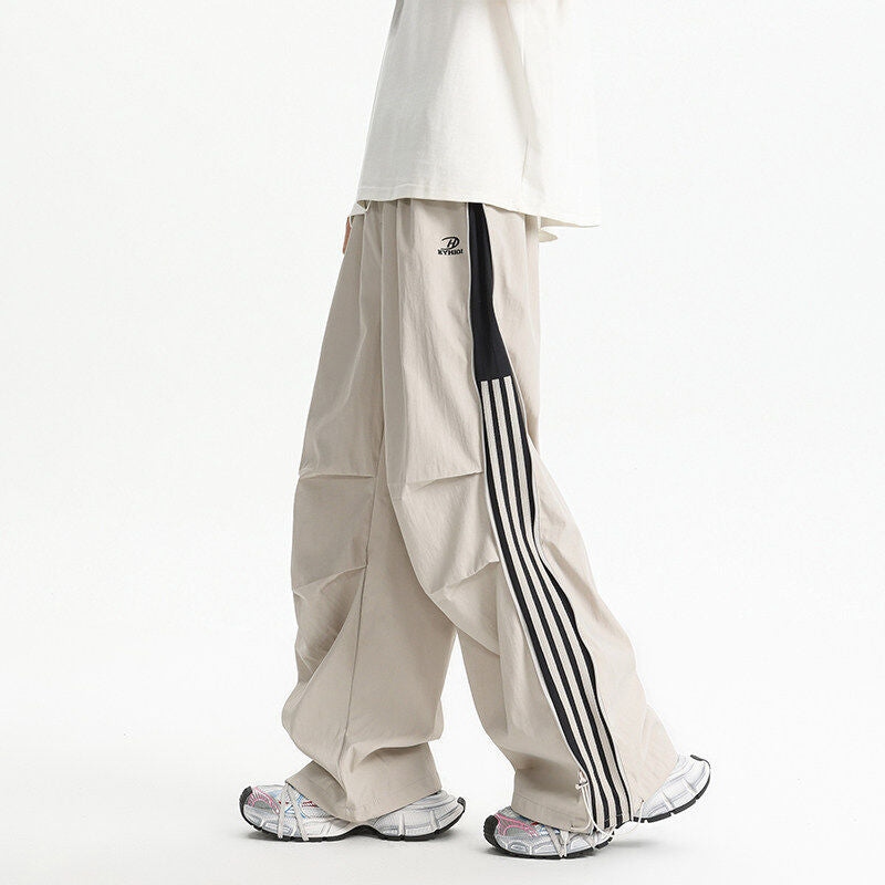 Loose Curved Knife Pants with Zipper & Striped Details