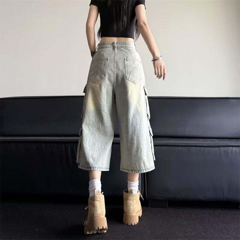 Retro Light Blue Multi Pocket Pants for Women