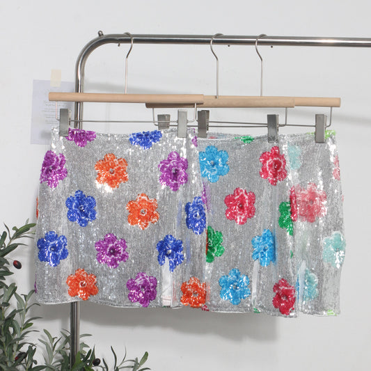 Retro Sparkling Flower Sequin Mini Skirt