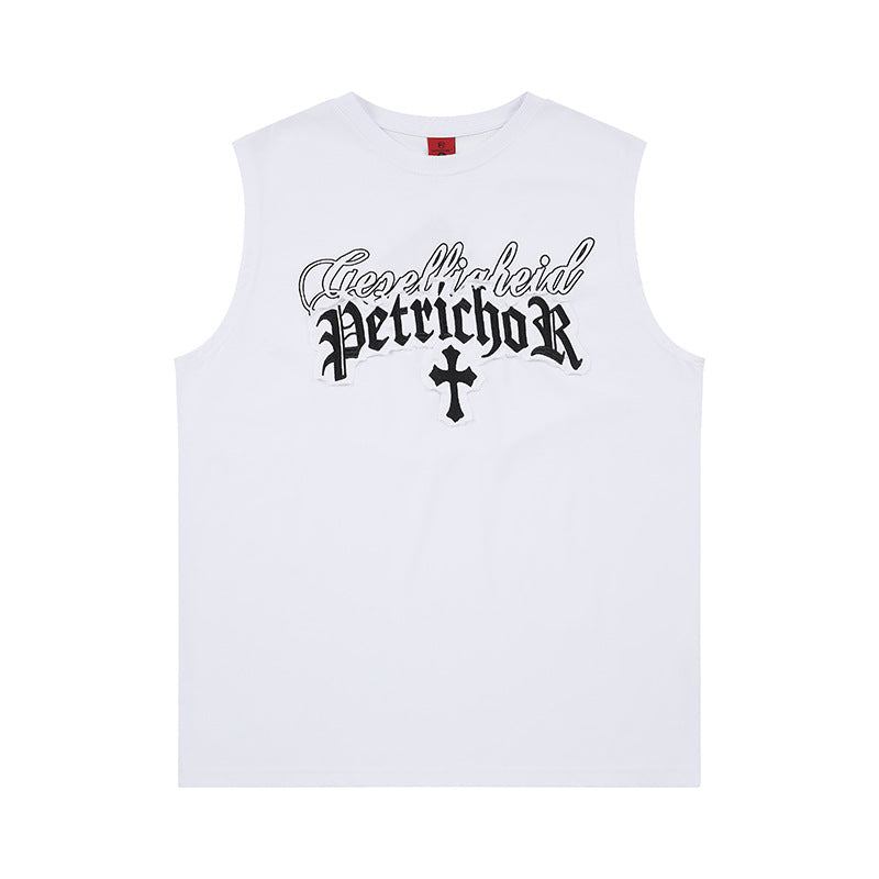 Cross Gothic Letter Embroidered Wide Shoulder Vest — Harajuku Street Style