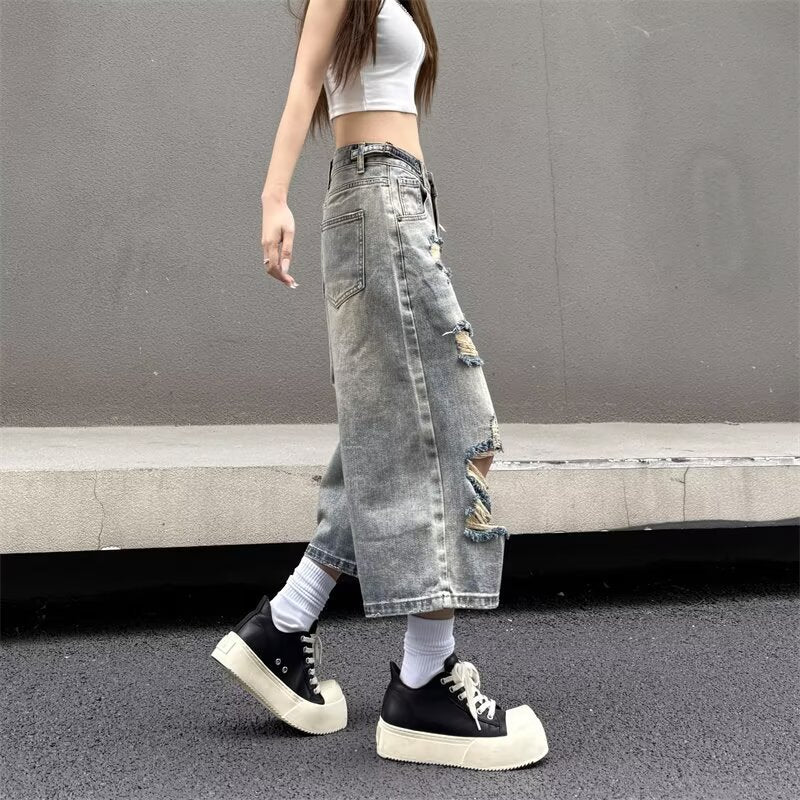 Light Colored Perforated Cropped Denim Pants for Women