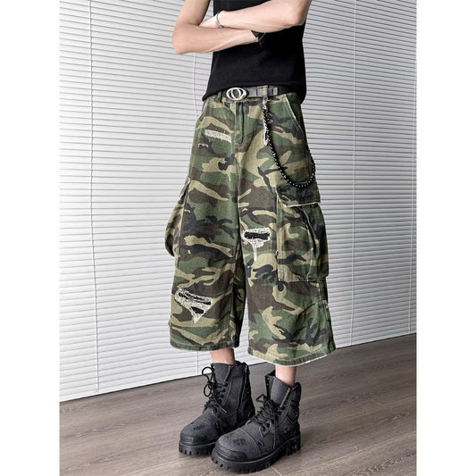 Destruction Camouflage Denim Wide Leg Cropped Pants