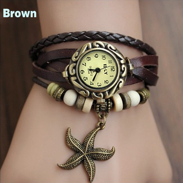 Lady Starfish Retro Bracelet Watch - Genuine Leather Wrap