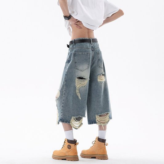 Men's Ripped Denim Cropped Pants - Harajuku Style