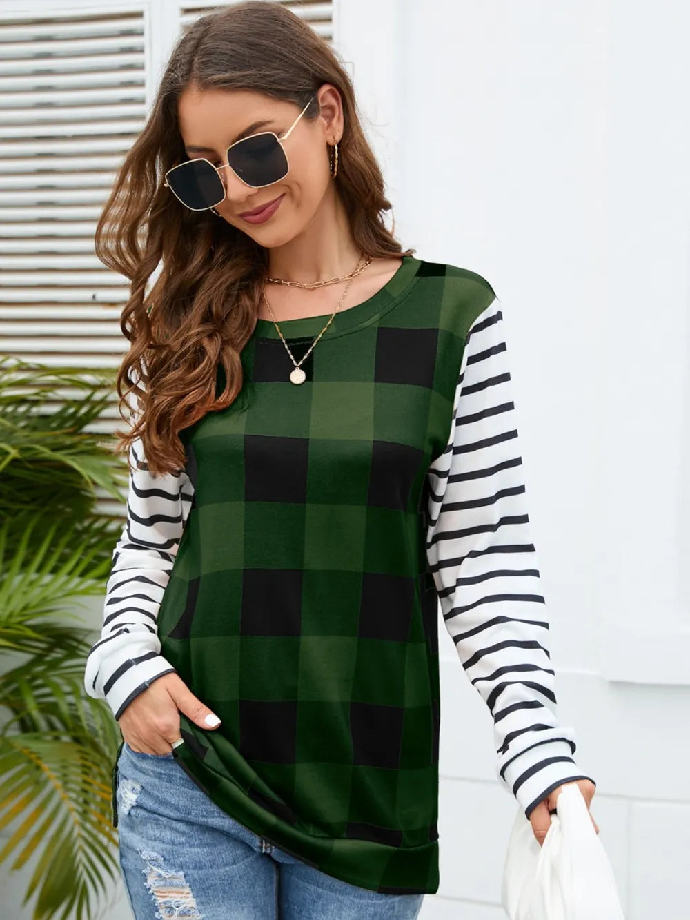 Harajuku Style Plaid Striped Round Neck Long Sleeve T-Shirt