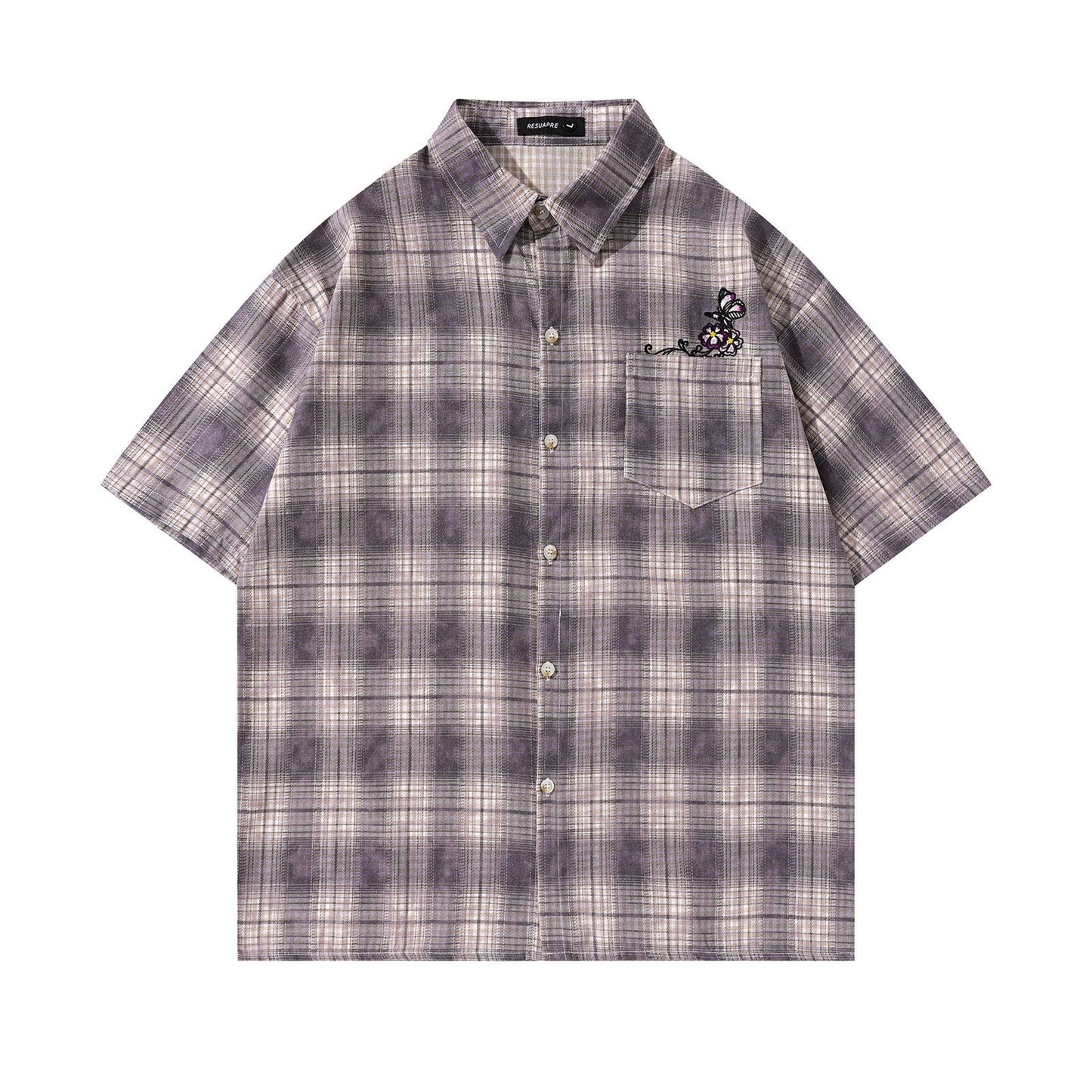 Retro Butterfly Embroidery Casual Plaid Shirt