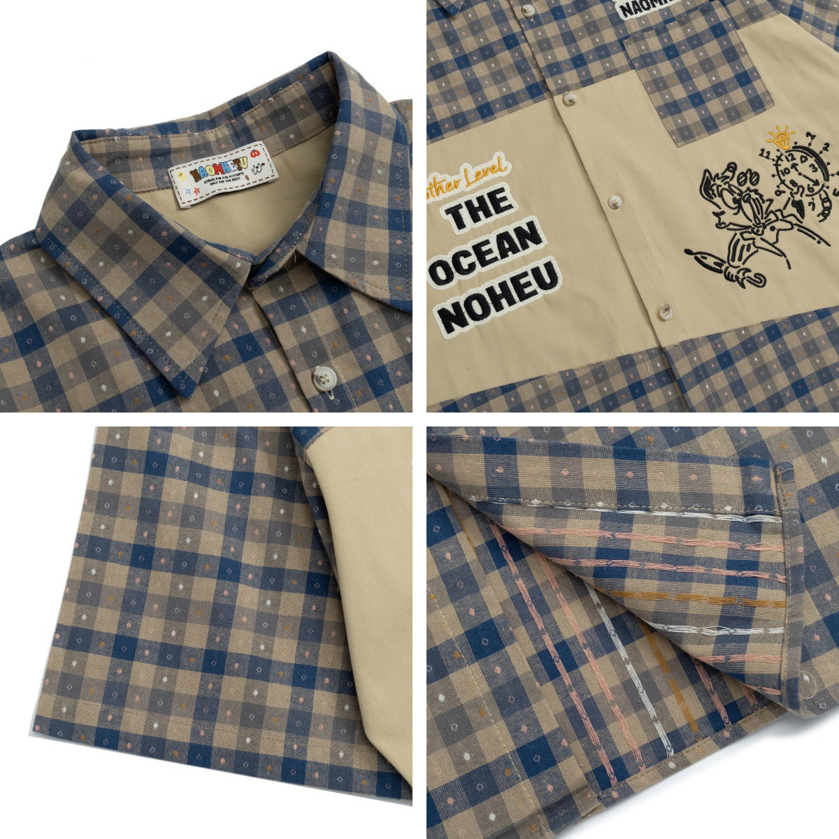 Color Block Cartoon Letter Embroidery Short Sleeve Shirt