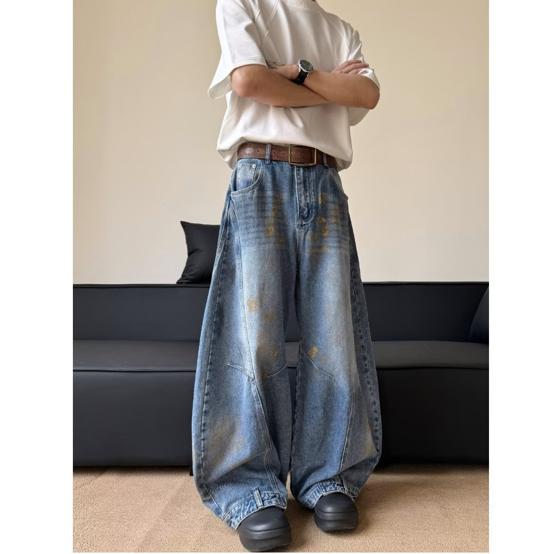 Summer Washed Ink Splashed Wide Leg Pants