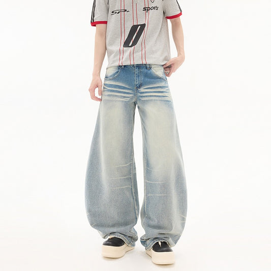 Light Blue Curved Knife Denim Wide Leg Pants