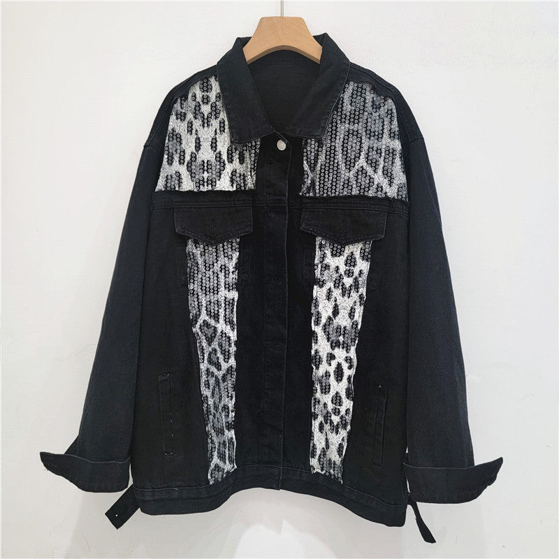 Retro Leopard Print Sequin Denim Jacket