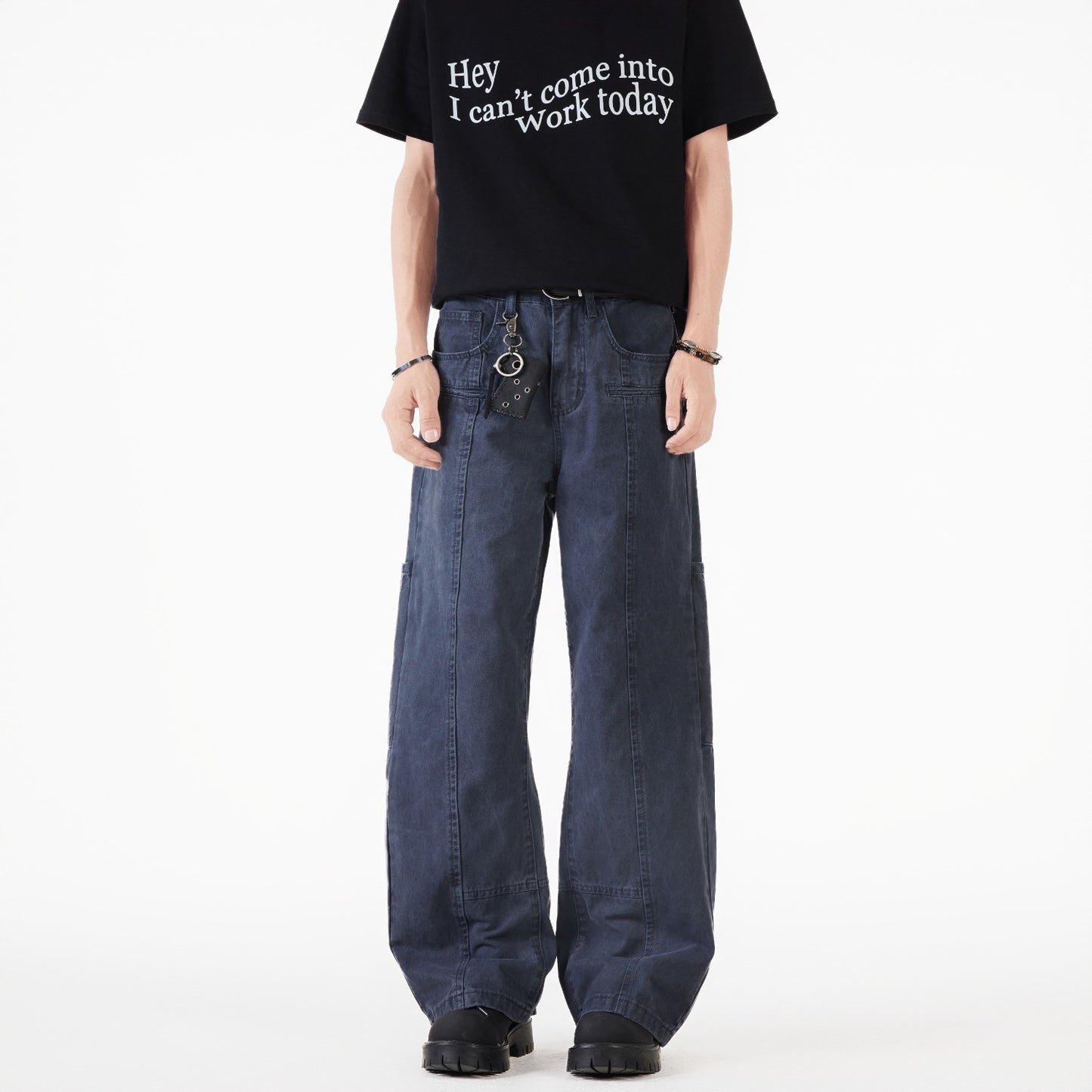 Casual Wide Leg Denim Jeans in Military Green & Ash Gray