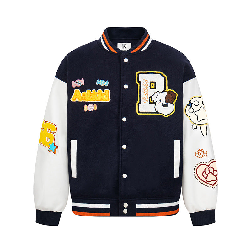 Letter Embroidery Color-blocked Thick Baseball Jacket Casual Terry Cloth Coat