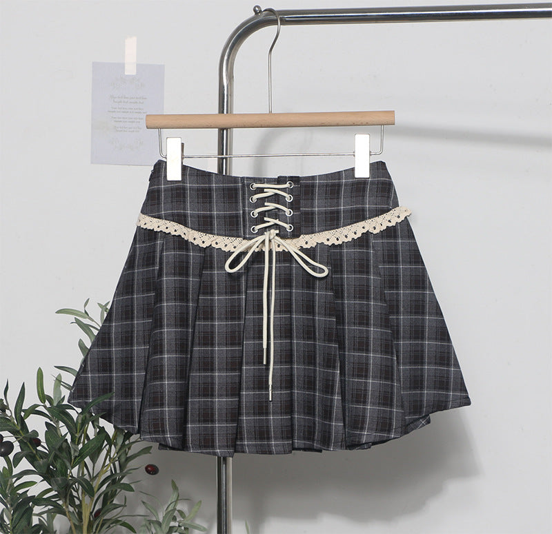Checkered Midi Skirt with Women's Lace Edge Decoration and Lace-Up Detail, Pleated Short Skirt