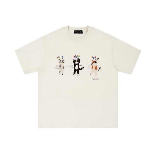 Playful Rhinestone Hula Hoop Cat Embroidery T-Shirt