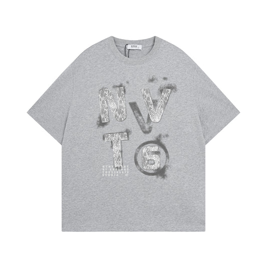 Salt-Washed Lace Letter Print T-Shirt - Unisex Summer Style