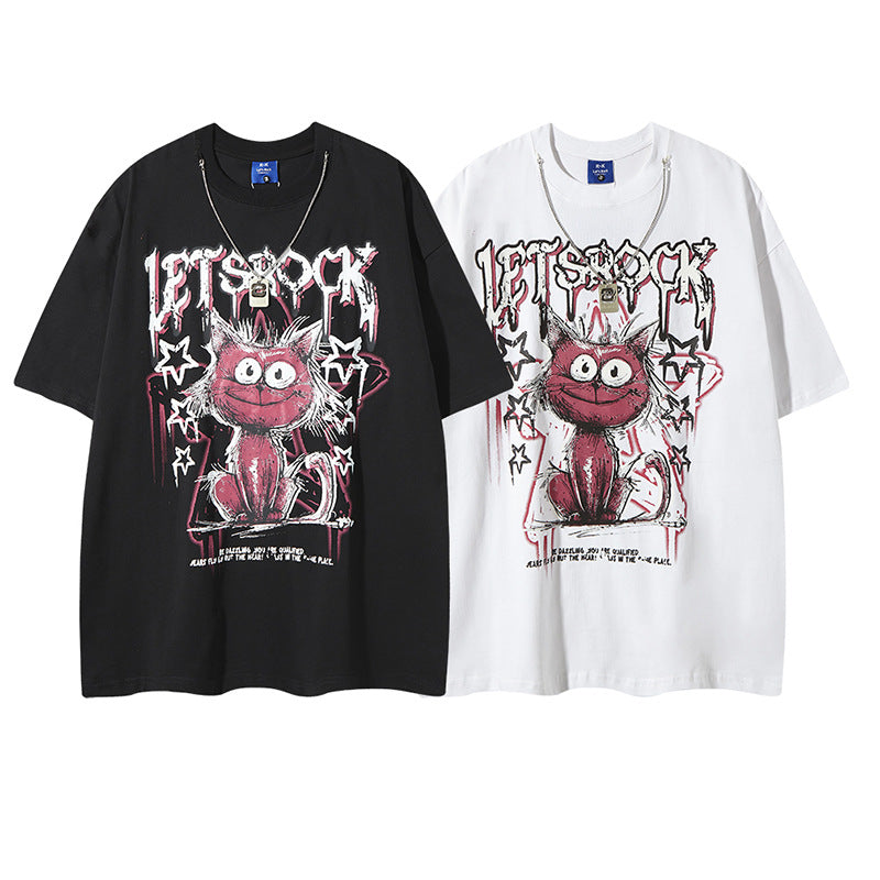 Playful Cartoon Cat Graffiti T-Shirt with Necklace