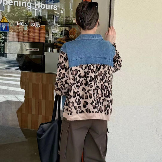 Retro Leopard Print Denim Patchwork Sweater Coat