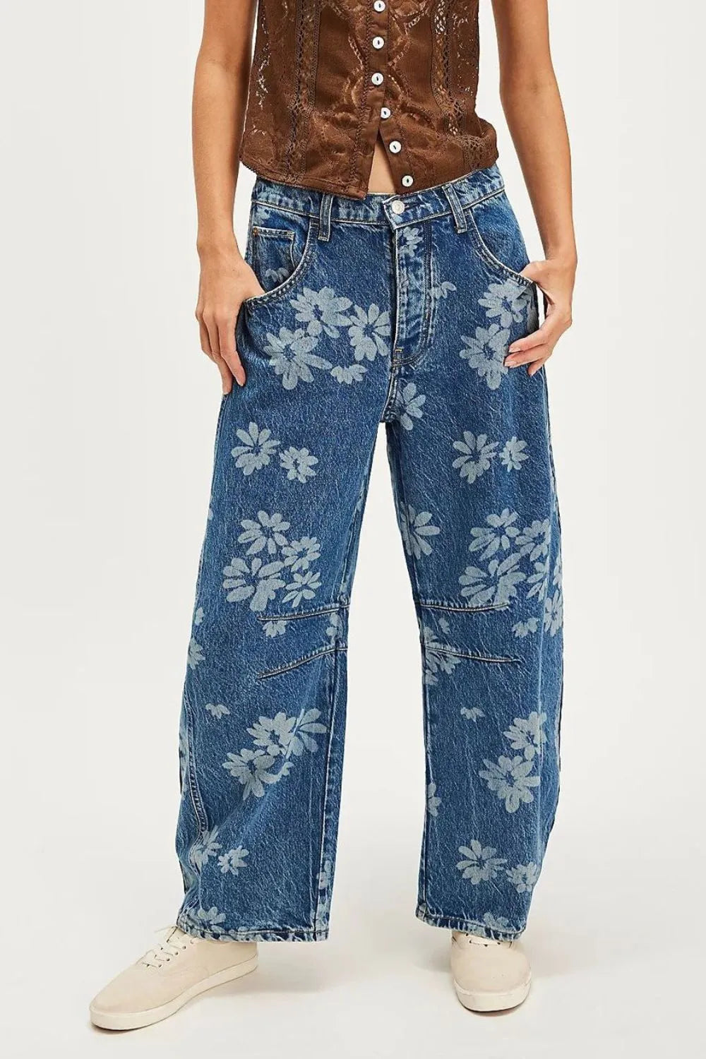 Flower Print Wide Leg Jeans for Harajuku Style