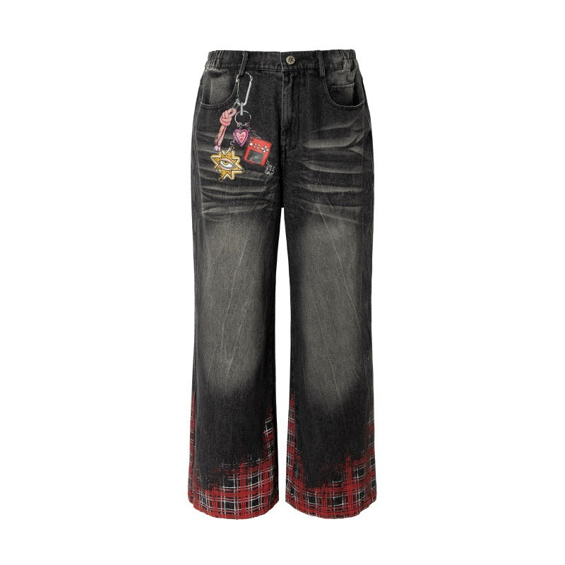 Hanging Chain Plaid Printed Wide Leg Denim Pants