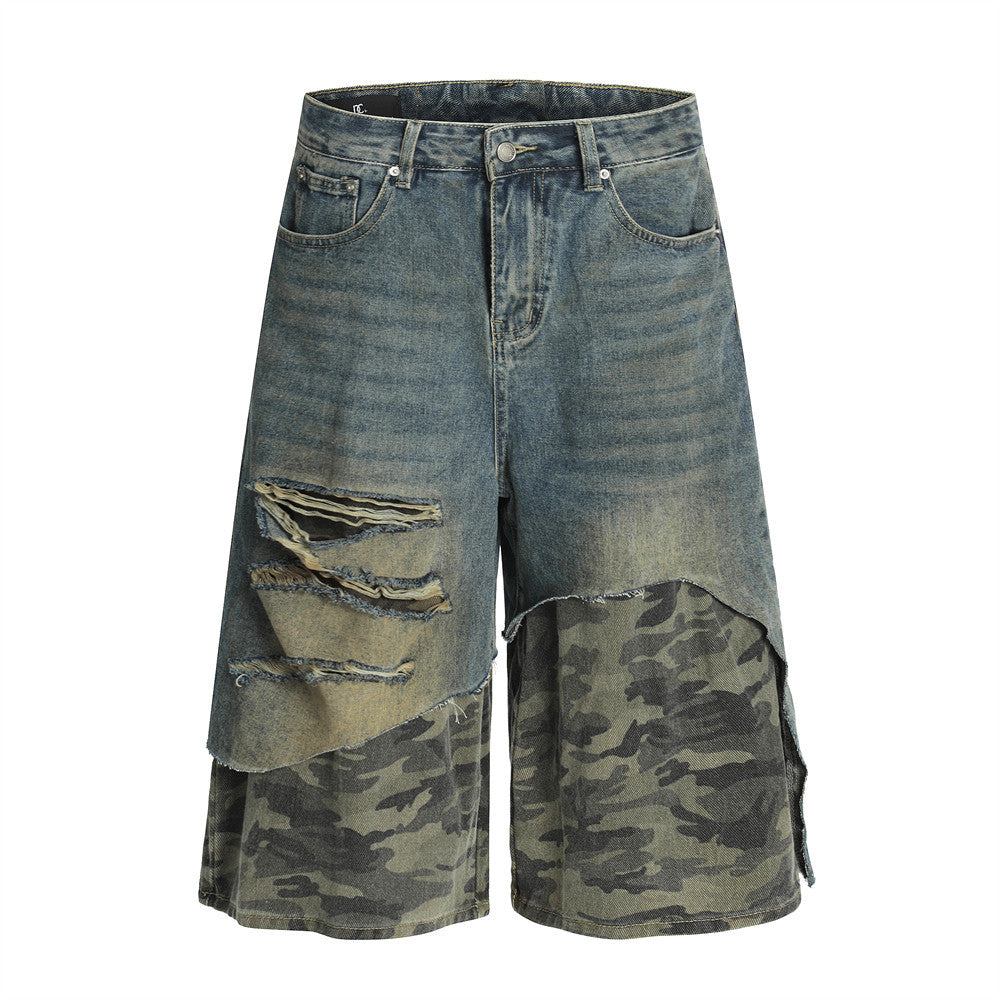 Men's Distressed Patchwork Camouflage Denim Shorts