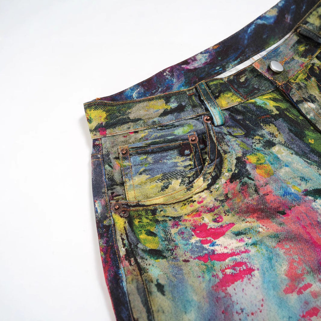 Retro Illusion Print Wide-Leg Jeans