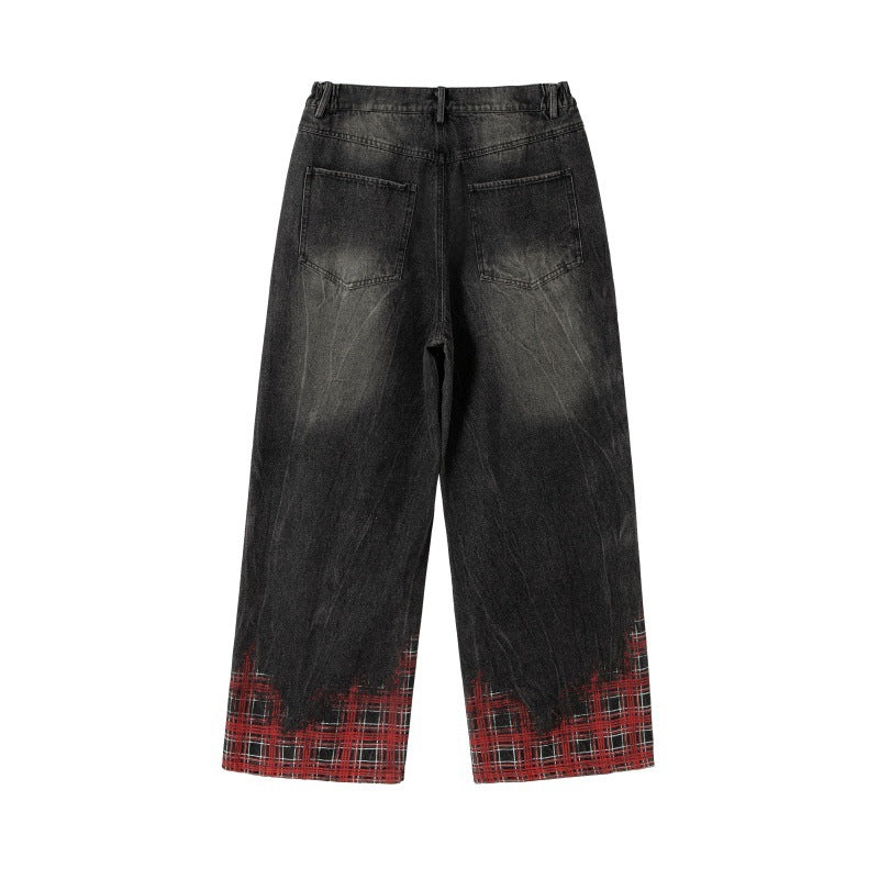 Hanging Chain Plaid Printed Wide Leg Denim Pants