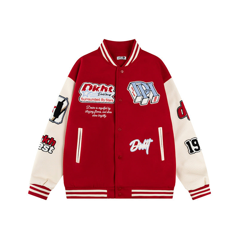 Letter Embroidered Leather Varsity Jacket