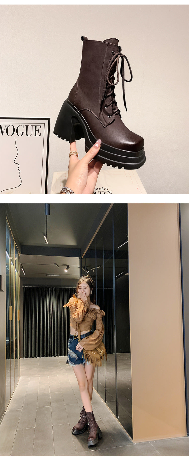 Harajuku Style Women's Leather Chunky High Heels Shoes
