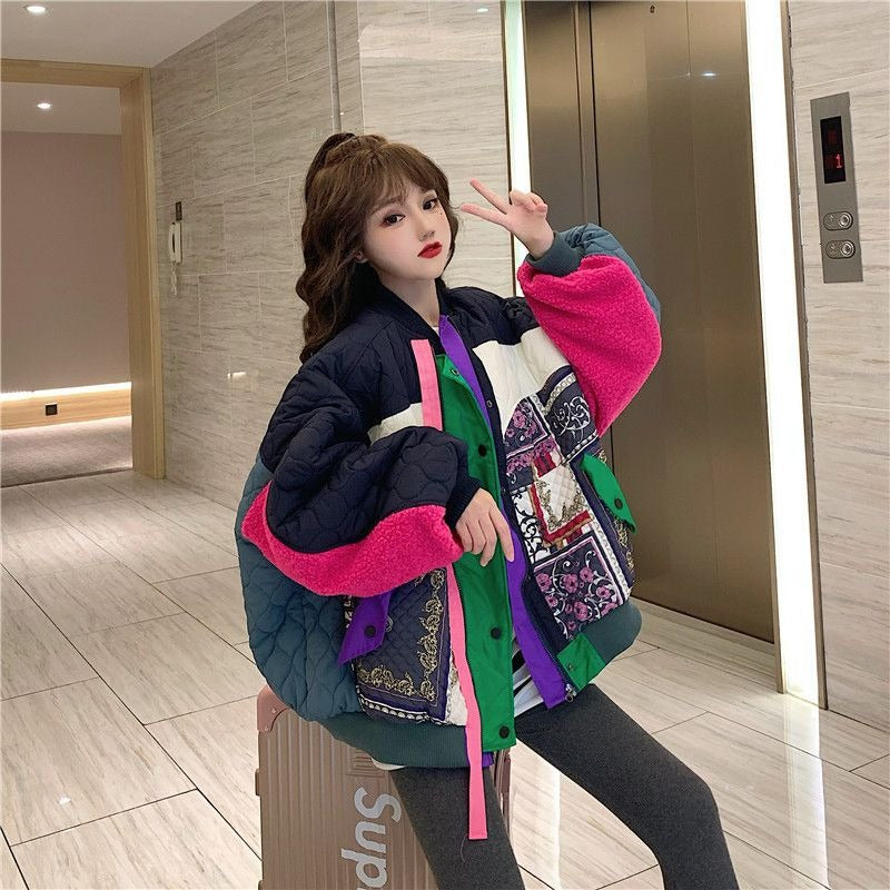 Harajuku Color Block Patchwork Baseball Jacket for Women
