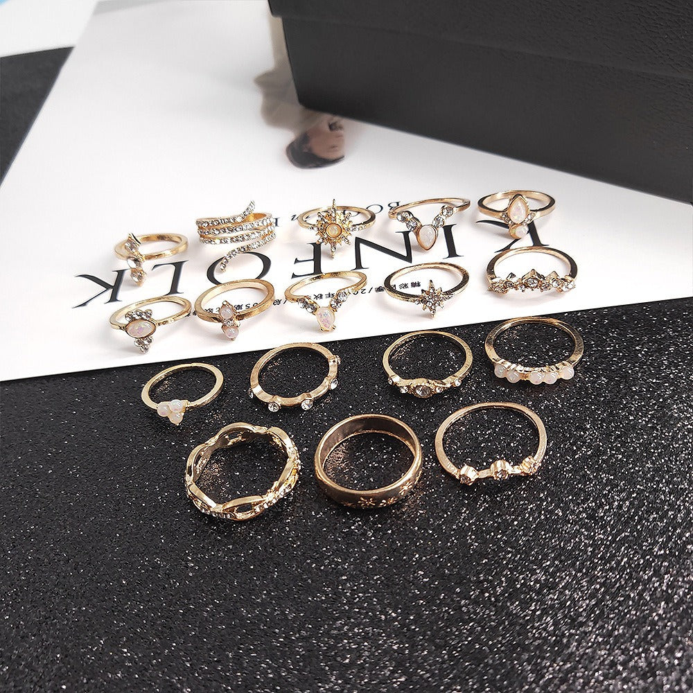 17-Piece Bohemian Style Ring Set with Diamond Accents