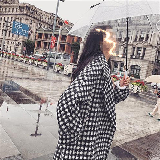 Harajuku Style Women's Checkered Woolen Windbreaker