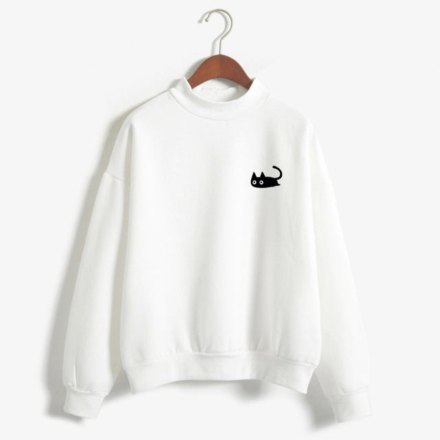 Kawaii Black Cat Turtleneck Sweatshirt for Women