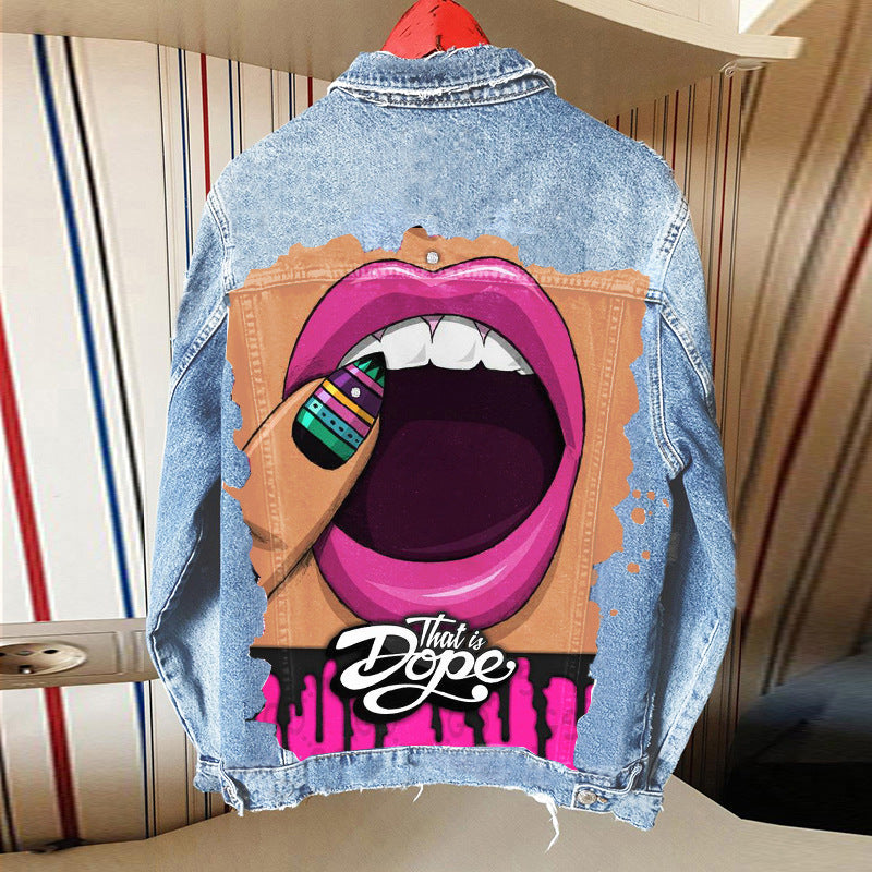 Harajuku Style Tongue Out Print Denim Jacket