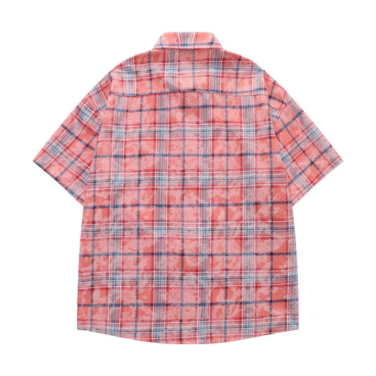 Red Checkered Apple Embroidery Short-Sleeved Shirt — Harajuku Style Japan
