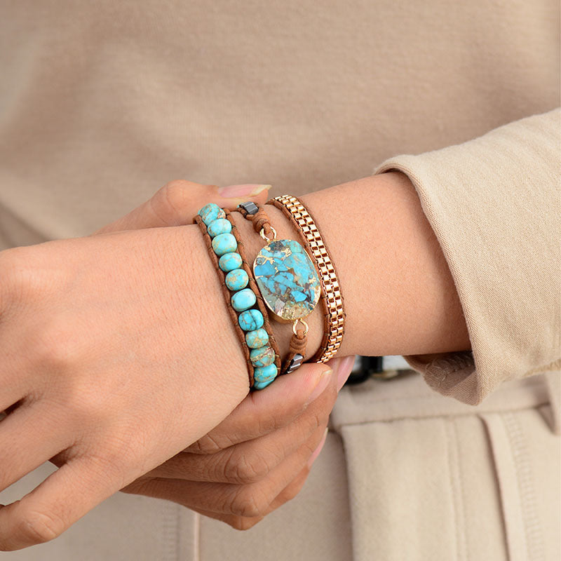 Boho Cut Corner Turquoise Triple Wrap Bracelet