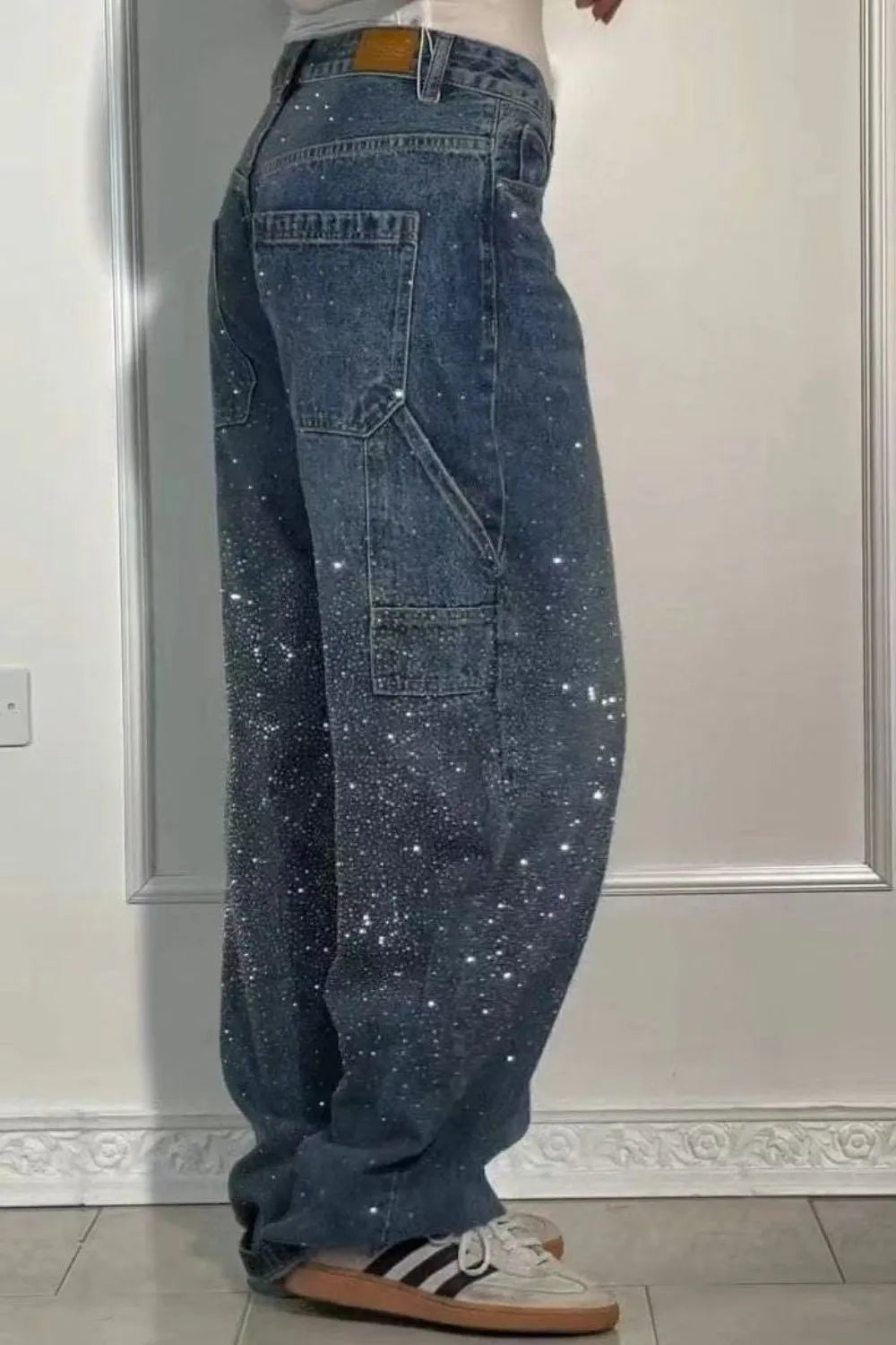 Plus Size Washed Rhinestone Detail Wide Leg Jeans