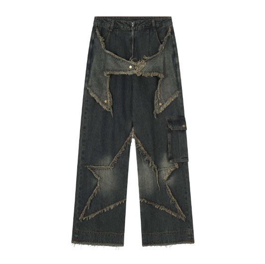 Playful Star Embroidery Multi Pocket Jeans for Men