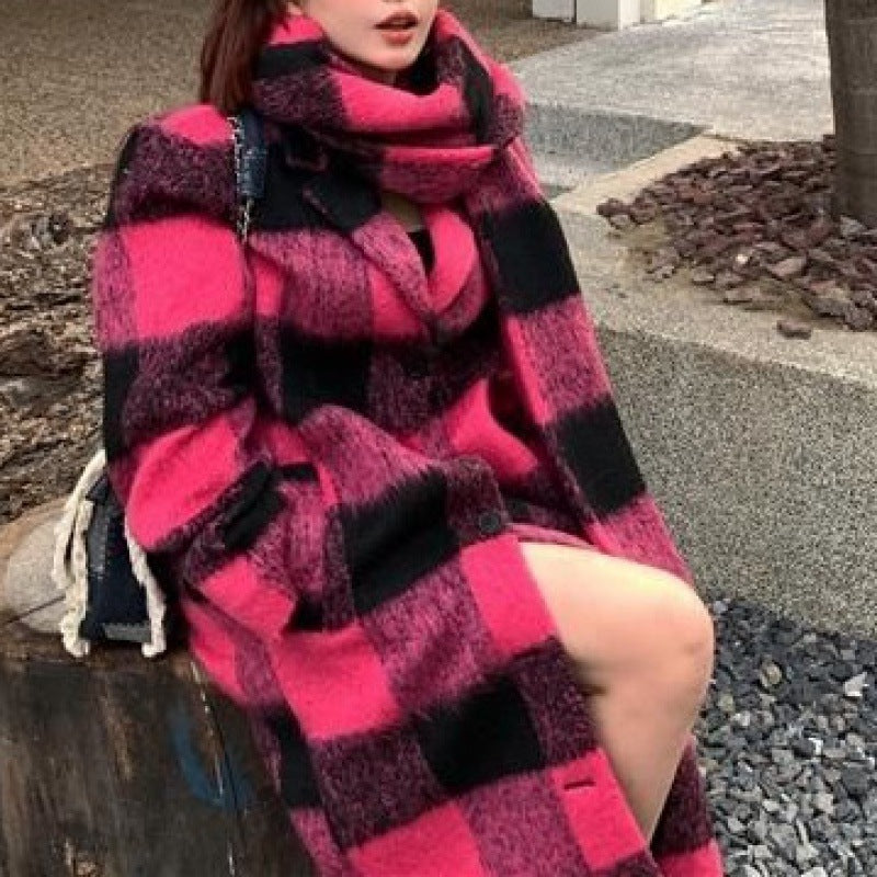 Loose Fit Plaid Woolen Coat for Women - Harajuku Style