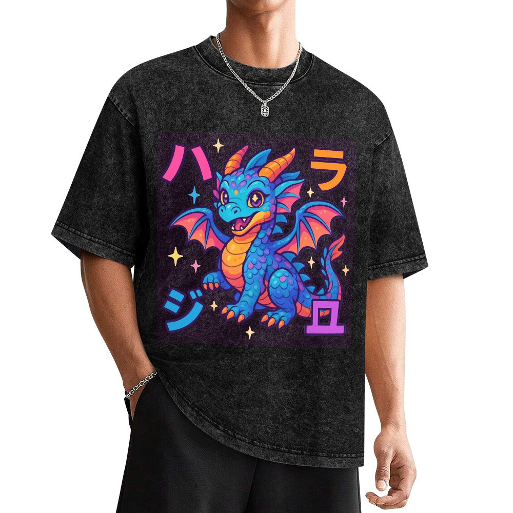 Harajuku Kawaii Dragon Vintage Wash Off Shoulder T-Shirt