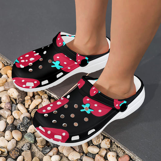 Red Strawberry Black Pattern Print Adults Clogs