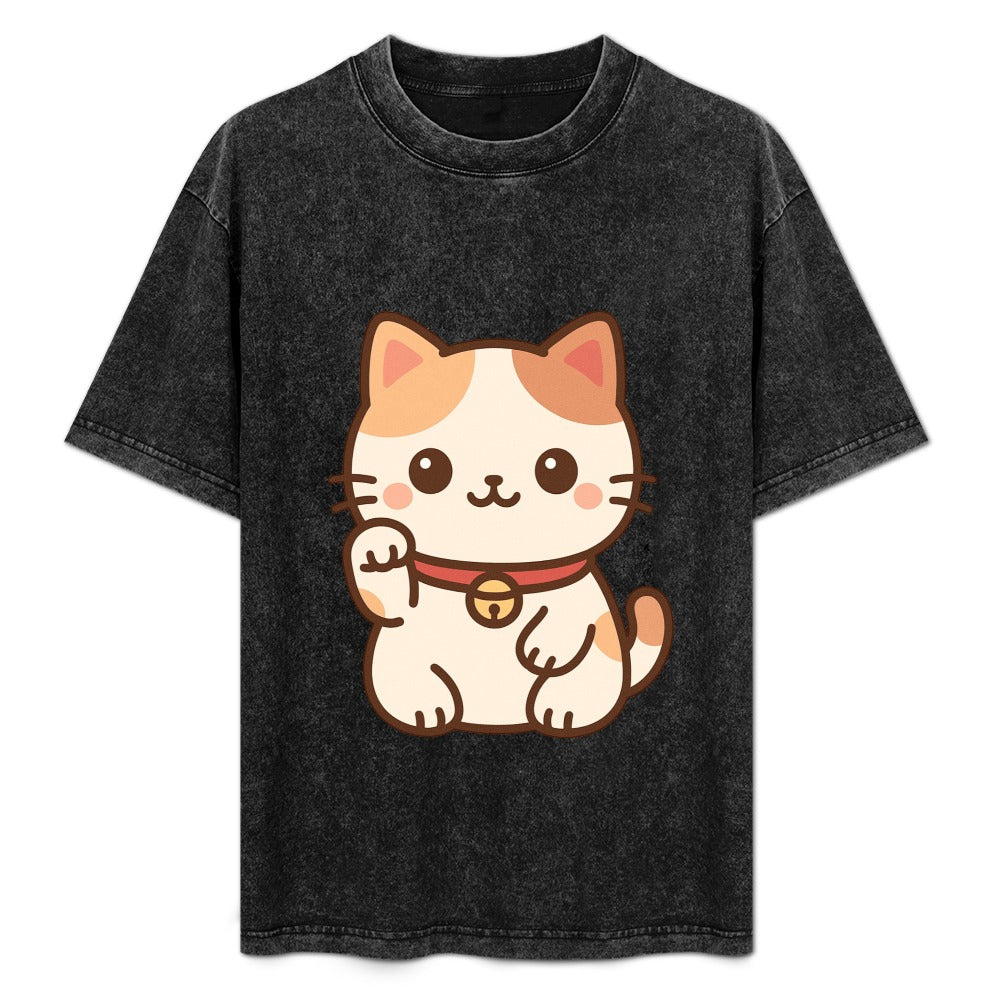 Kawaii Japanese Cat Vintage Wash Off Shoulder T-Shirt
