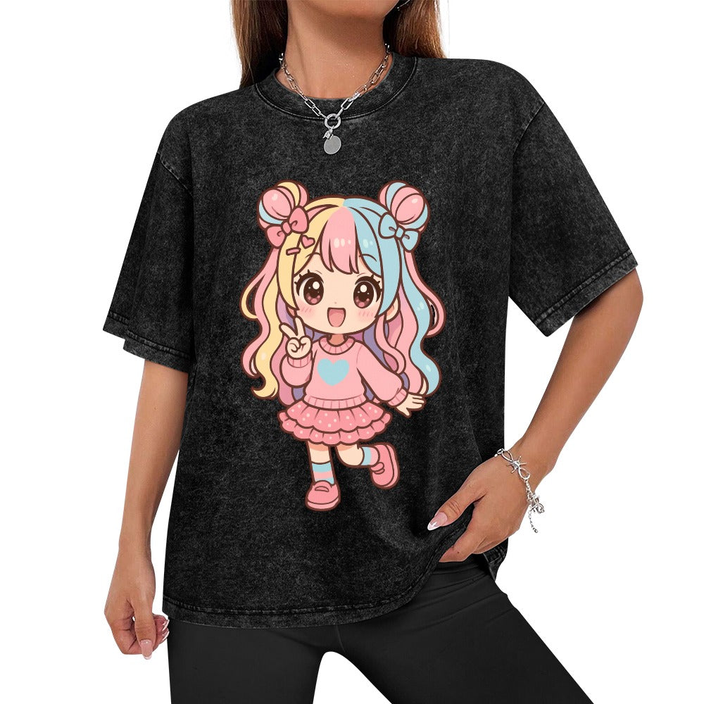 Kawaii Harajuku Girl Vintage Wash Off Shoulder Tee