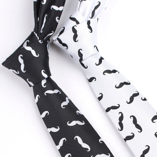 6cm Narrow Tie Unisex Jacquard Polyester Black And White Cartoon Beard Funny Tie