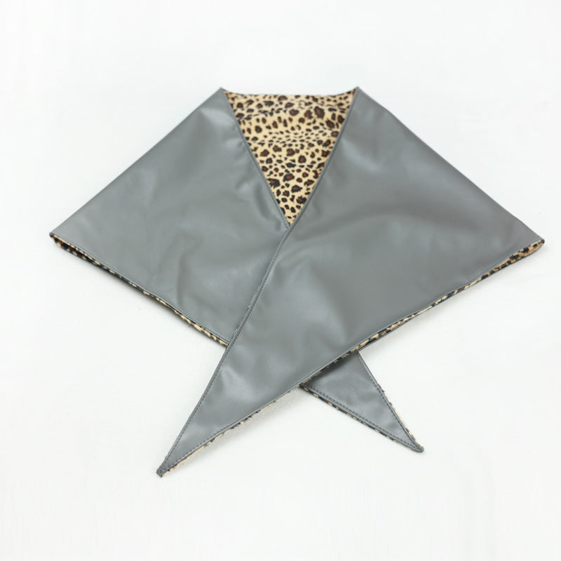 Double-Sided Leopard Print & Leather Triangular Scarf with Headband